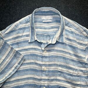 Lucky Brand Button Down Mens XL Blue Excellent Linen Striped Short Sleeve Shirt